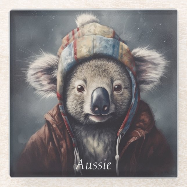 Adorable koala wearing cute hat cusomizable  glass coaster (Front)