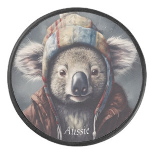 Adorable koala wearing cute hat cusomizable  hockey puck
