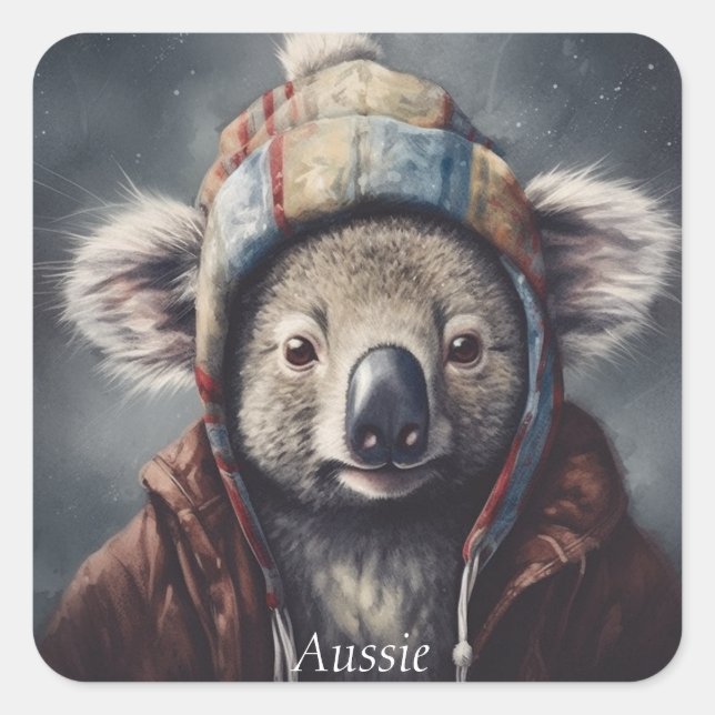 Adorable koala wearing cute hat cusomizable  square sticker (Front)