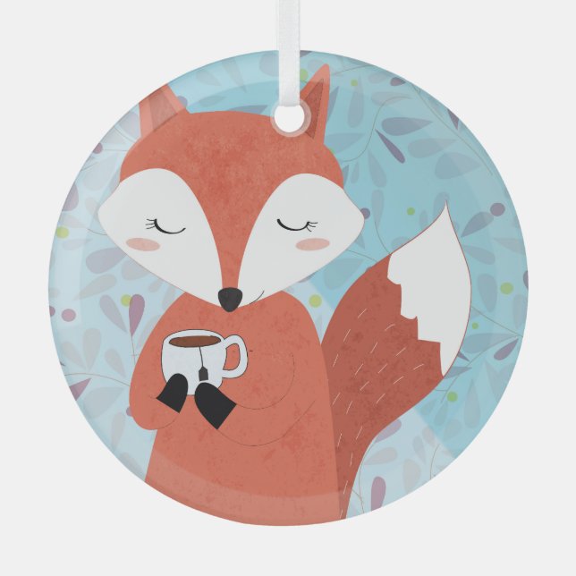 Adorable Lady Fox Leaf Background Glass Ornament (Front)
