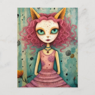 Adorable Lady With Cat Ears Mixed Media Collage Postcard