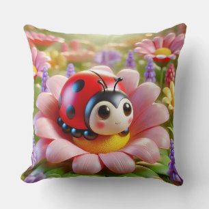 🐞🌸 Adorable Ladybug Pink Flower Garden Cozy Throw Pillow