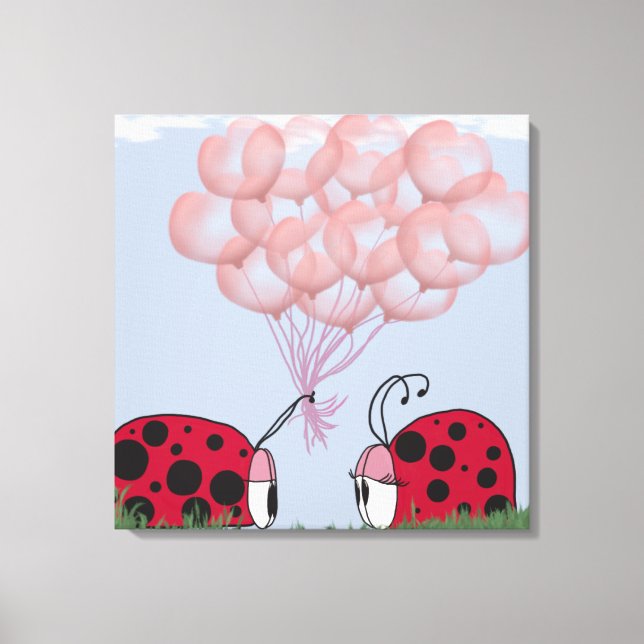 Adorable Ladybug With Pretty Pink Balloon Bouquet Canvas Print (Front)