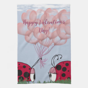Adorable Ladybug With Pretty Pink Balloon Bouquet Kitchen Towel