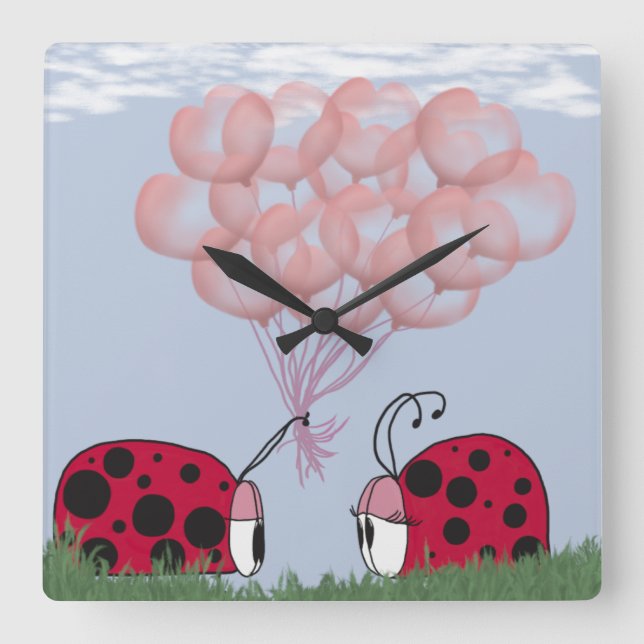 Adorable Ladybug With Pretty Pink Balloon Bouquet Square Wall Clock (Front)