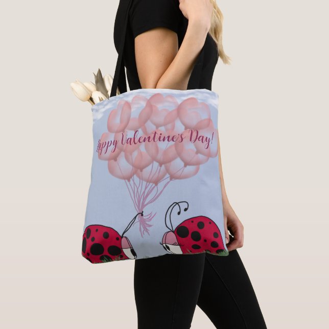 Adorable Ladybug With Pretty Pink Balloon Bouquet Tote Bag (Close Up)