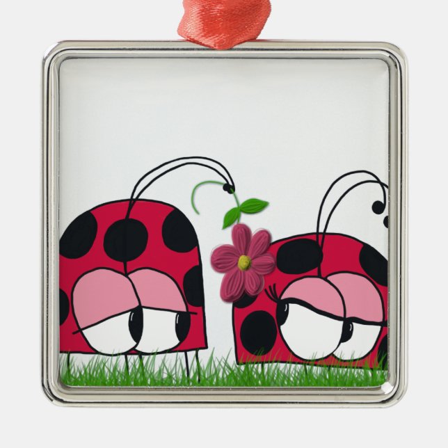 Adorable Ladybug Wooing His New Love Cartoon Metal Ornament (Front)
