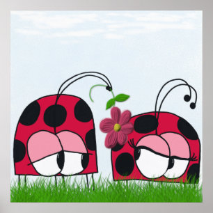 Adorable Ladybug Wooing His New Love Cartoon Poster