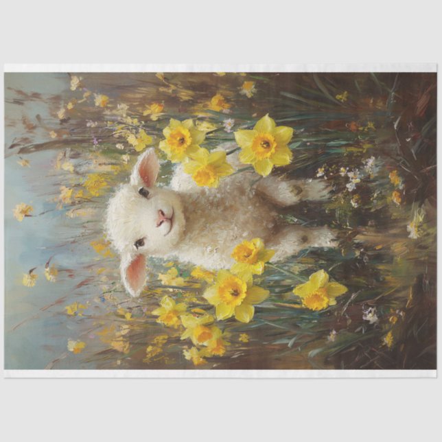 Adorable Lamb Yellow Daffodils Painting Decoupage Tissue Paper (Front)