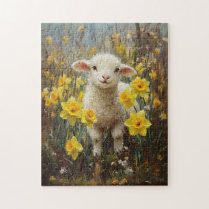 Adorable Lamb Yellow Daffodils Painting Jigsaw Puzzle