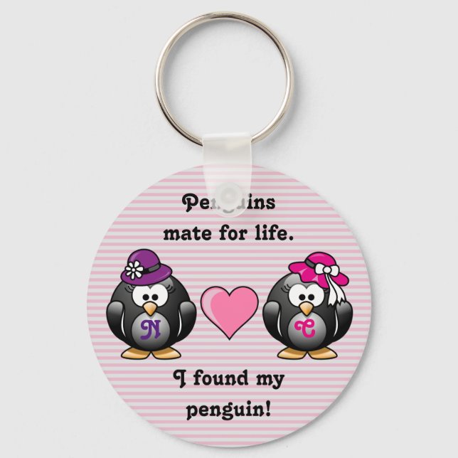 Adorable Lesbian Penguins Two Brides Heart Hats Keychain (Front)