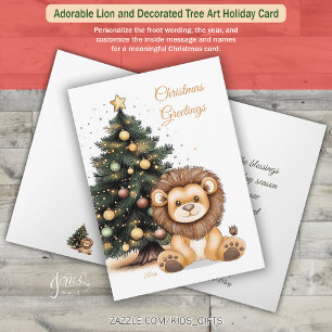 Adorable Lion and Decorated Tree Art Holiday Card