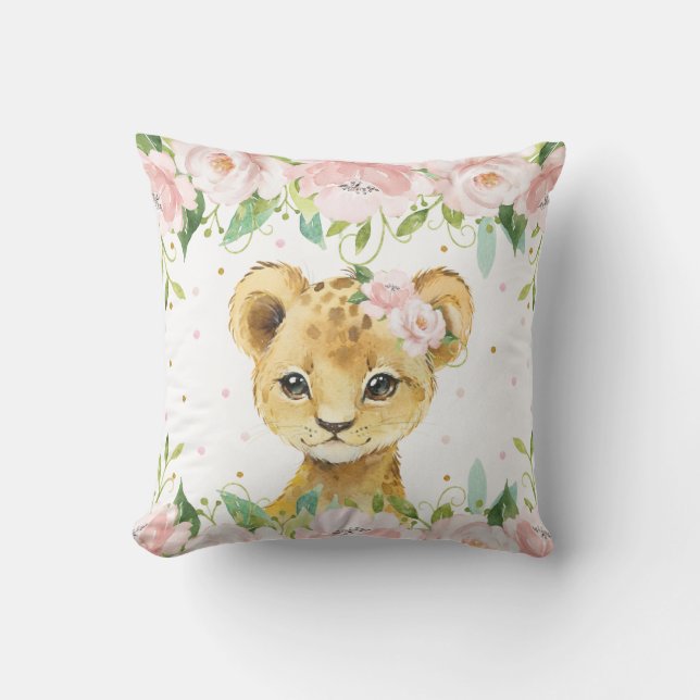 Adorable Lion Blush Pink Floral Children Room Throw Pillow (Front)