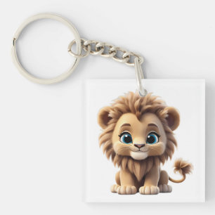 Adorable Lion Cub Sitting Portrait Illustration Keychain