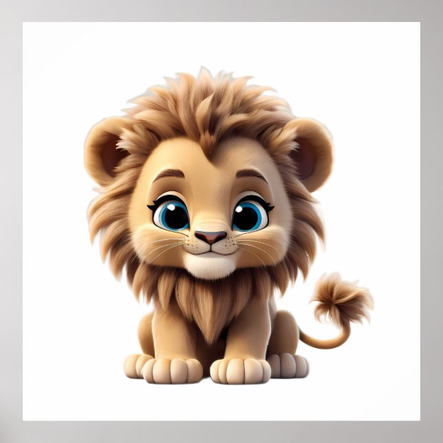 Adorable Lion Cub Sitting Portrait Illustration Poster (Front)