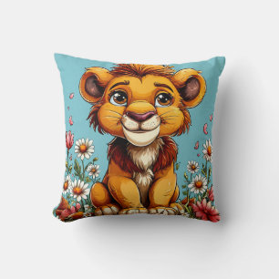 Adorable Lion Cub Surrounded by Colourful Flowers Throw Pillow