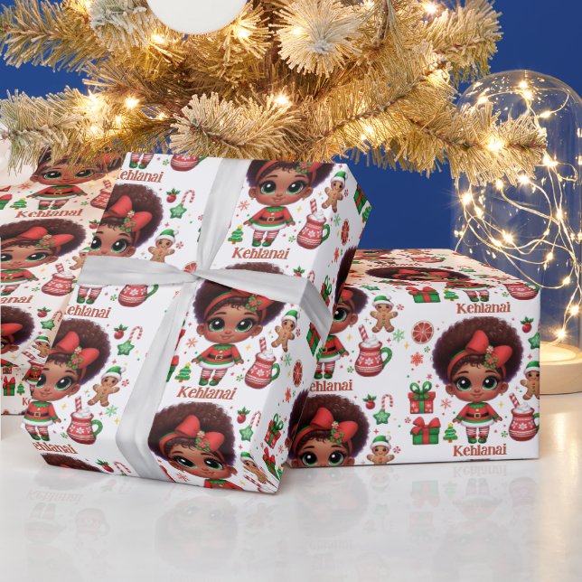 Adorable Little Afro Christmas Elf Girl Wrapping Paper (Holidays)