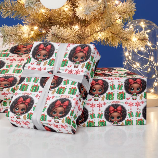 Adorable Little Afro Christmas Elf Girl Wrapping Paper (Holidays)