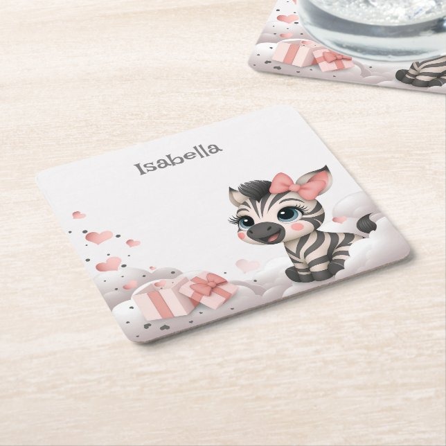 Adorable little cartoon zebra  square paper coaster (Angled)