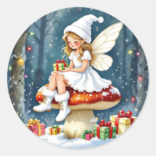 Adorable Little Christmas Fairy on Mushroom Classic Round Sticker