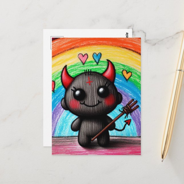 Adorable Little Devil Critter Childlike AI Art Postcard (Front/Back In Situ)