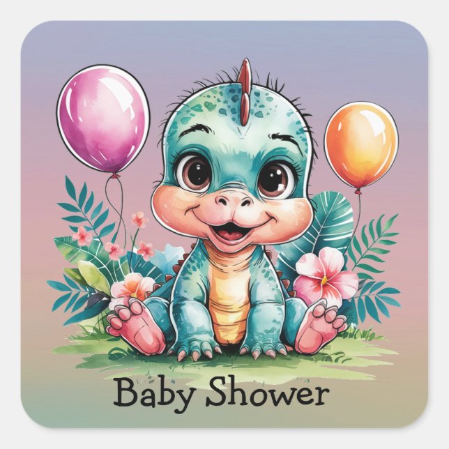 Adorable Little Dinosaur Baby Shower Square Sticker (Front)