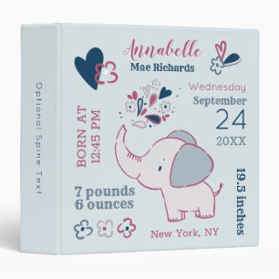 Adorable Little Elephant Baby Birth Stats Keepsake Binder