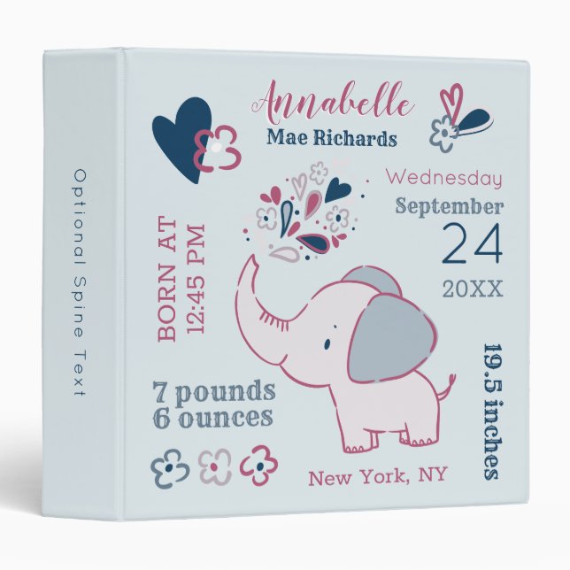 Adorable Little Elephant Baby Birth Stats Keepsake Binder (Front/Spine)