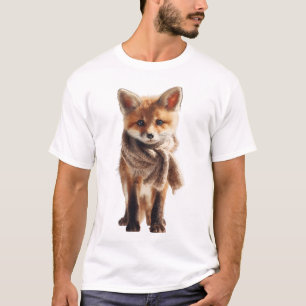 Adorable Little Fox Wearing a Knitted Scarf T-Shirt