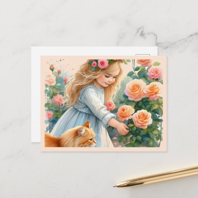 Adorable Little Girl Picking Roses with her Cat Postcard (Front/Back In Situ)
