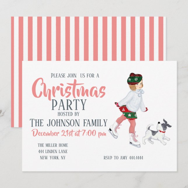 Adorable little girl skating on ice and Dog        Invitation (Front/Back)