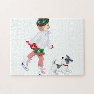 Adorable little girl skating on ice and Dog Jigsaw Puzzle