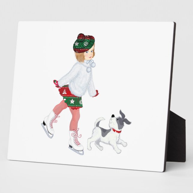 Adorable little girl skating on ice and Dog Plaque (Side)