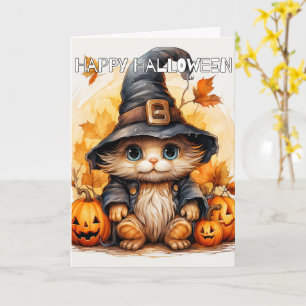 Adorable Little Kitten Cat Witch   Happy Halloween Card