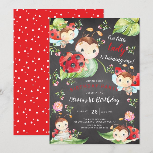 Adorable Little Lady Ladybug 1st Birthday Invitati Invitation (Front/Back)