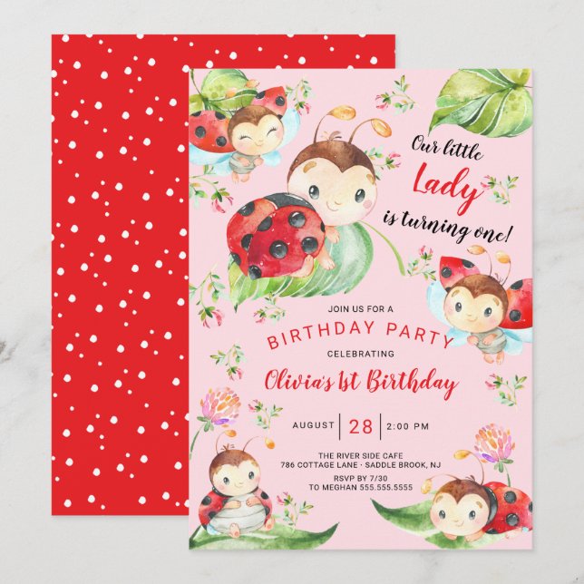 Adorable Little Lady Ladybug 1st Birthday Invitati Invitation (Front/Back)
