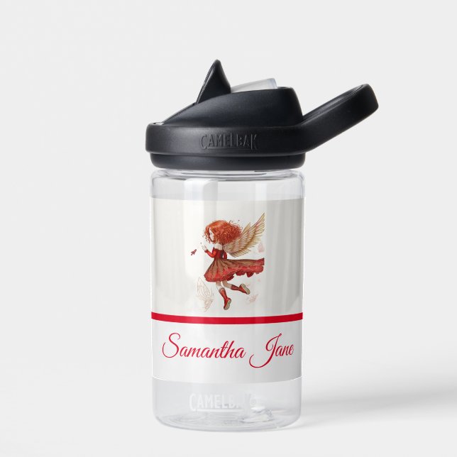 Adorable Little Red Fairy Gold Wings Fantasy Art Water Bottle (Left)