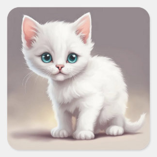 Adorable little white kitten square sticker
