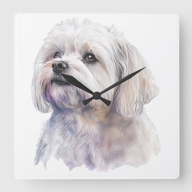 ADORABLE LITTLE WHITE MALTESE PUPPY DOG SQUARE WALL CLOCK (Front)