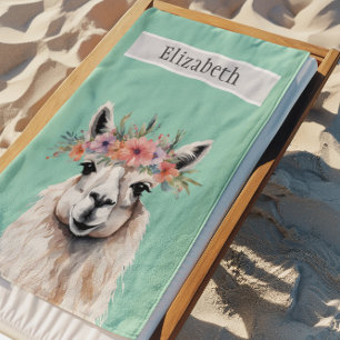 Adorable Llama Wildflower Teal Name Kid's Animal Beach Towel