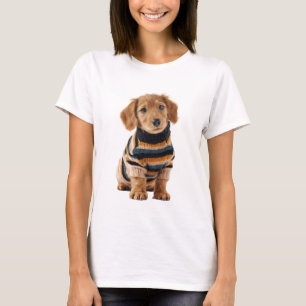 Adorable Long-Haired Dachshund Puppy in a Striped T-Shirt