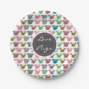 Adorable “ Love Pugs” colourful pugs illustration Paper Plate
