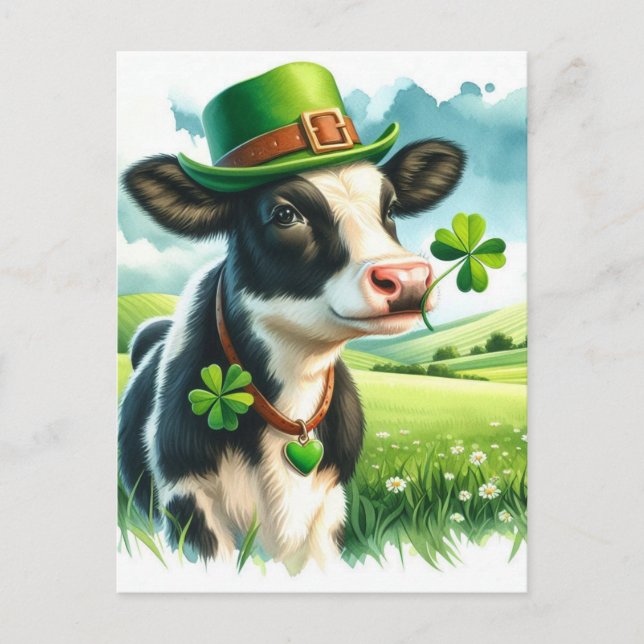 Adorable Lucky St. Patrick's Day Watercolor Cow Postcard (Front)