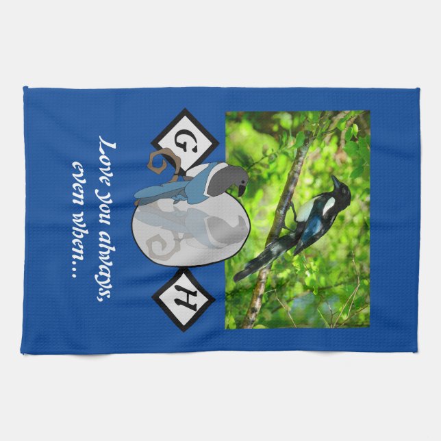 Adorable Magpie Looking Glass Monogram w Photo Kitchen Towel (Horizontal)