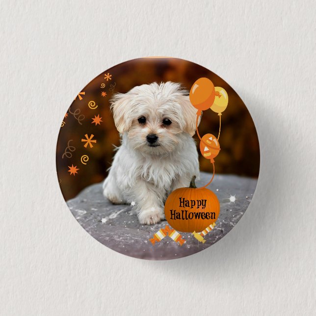 Adorable maltese puppy celebrates Halloween 1 Inch Round Button (Front)