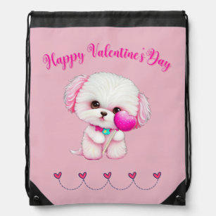 Adorable Maltese Puppy Happy Valentine's Day   Drawstring Bag
