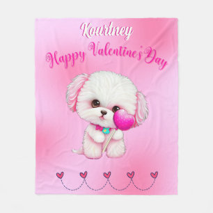 Adorable Maltese Puppy Happy Valentine's Day   Fleece Blanket