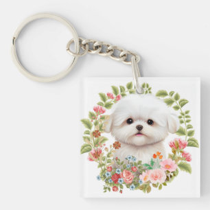 Adorable Maltese Puppy in Bloom, Maltese Dog lover Keychain