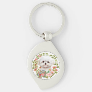 Adorable Maltese Puppy in Bloom, Maltese Dog lover Keychain