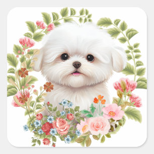 Adorable Maltese Puppy in Bloom, Maltese Dog lover Square Sticker